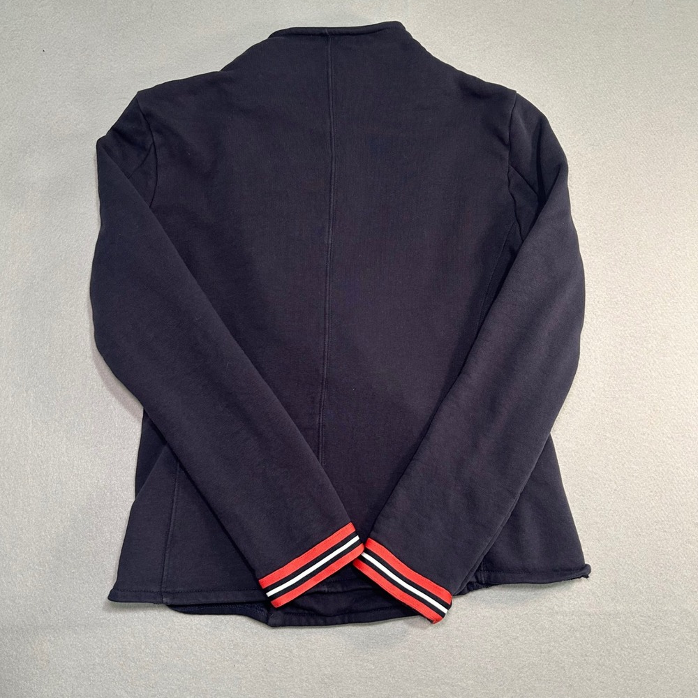 Saint + Sofia Jacket Womens 12 Navy Blue Striped Asymmetrical Organic Cotton Zip - Picture 7 of 9
